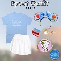 a blue shirt and white skirt with mouse ears on the head is next to an earband that says epcott outfit belie