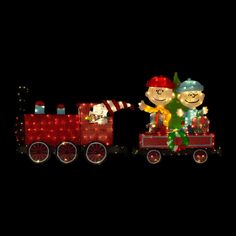 an animated christmas train with two people riding on it's side and one person standing in the front