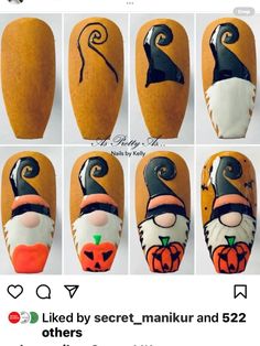 Halloween Gnomes Nail Art, Halloween Gnome Nail Designs, Halloween Gnome Nail Art, Halloween Gonk Nails, Halloween Thanksgiving Nails, Fall Gnomes Nails, Pop Art Halloween Nails, Gnome Fall Nails