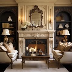 a living room filled with furniture and a fire place in front of a mirror on the wall