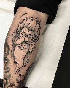 a man's leg with a tattoo on it that has an image of a cartoon character