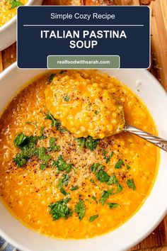 two bowls of italian pasta soup with bread on the side and text overlay that reads simple copy recipe