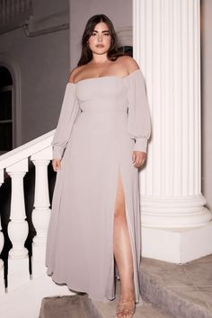 Feel the Romance Off-the-Shoulder Maxi Dress | To keep your wedding party cozy during your winter wedding, check out our round-up of long sleeve bridesmaid dresses that are both warm and trendy. Gray Formal Dress Plus Size, Gray Formal Dress Long Sleeve, Plus Size Wedding Fit, Gray Long Sleeve Dress Formal, Off Shoulder Gray Dress, Wedding Guest Outfit Fall, Plus Size Party Dresses, Plus Size Formal Dresses