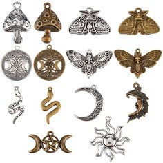 PRICES MAY VARY. UNIQUE TAROT CHARMS BULK: Unique tarot charms bulk from tarot and the world of divination, with an ancient and mysterious atmosphere, exquisite details can serve as talisman, bringing you good luck. 56PCS 14 STYLES GOTHIC CHARMS: There are 56pcs gothic charms in 14 styles, mushroom charms, butterfly wing charms, sun and moon charms and so on, 4 pcs per style, fixed mixed and pair matched. SIZE: There are 14 styles of divination charms, each style 4pcs, 56pcs total. The biggest m Divination Magic, Moth Butterfly, Magic Charms, Butterfly Wing, Stuff And Thangs, Necklace Craft, Jewelry Making Charms, Moon Charm, Clay Charms