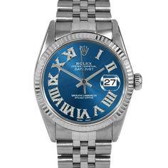 SKU#: 16014-BLU-FDR-FLT-JBLPre-Owned Rolex 16014 Men's 36mm Datejust Watch, Custom Blue Full Diamond Roman Dial & Rolex White Gold Fluted Bezel on Rolex Stainless Steel Jubilee Band Model#: 16014 Case: Rolex 36mm Stainless Steel Case Movement: Rolex Automatic 3035 Caliber Dial: Custom Blue Dial with Full Diamond Roman Hour Markers (Not Made by Rolex) Bezel: Rolex White Gold Fluted Bezel Band: Rolex Stainless Steel Jubilee Band This Beautiful Watch Comes Fully Serviced, Polished, Time-Tested, Air Bezel Band, Romans 3, Wooden Watch Box, Rolex Oyster Perpetual, Wooden Watch, Rolex Oyster, Pre Owned Rolex, Champagne Diamond, Luxury Watches For Men