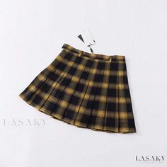 Lasaky - Academy Plaid Pleated Skirt with High Waist, Yellow Checkered Design for Flattering and Trendy Look - Ensures Maximum Coverage and Comfort, Ideal for Tennis or Any Active Occasion Plaid Tennis Skirt, Yellow Plaid Skirt, Black Plaid Skirt, Yellow Checkered, Plaid Pleated Mini Skirt, Harajuku Women, Winter Plaid, Plaid Pleated Skirt, Retro Punk