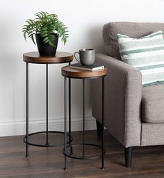 two tables with plants on them next to a couch