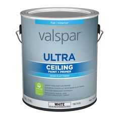 a white paint can with the words valspar ultra in blue and green on it