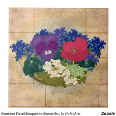 a painting of flowers in a vase on a tile wall