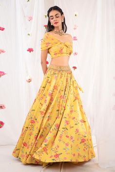 Shop for Esha Koul Yellow Georgette Draped Blouse And Printed Lehenga Set for Women Online at Aza Fashions Fitted Floral Print Lehenga For Festive Occasions, Festive Floral Print Fitted Lehenga, Festive Fitted Floral Print Lehenga, Fitted Floral Print Choli With Traditional Drape, Fitted Choli With Floral Print And Traditional Drape, Fitted Lehenga With Floral Print In Traditional Drape, Fitted Floral Print Lehenga With Traditional Drape, Fitted Lehenga With Floral Print And Traditional Drape, Fitted Floral Print Lehenga For Diwali