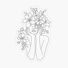 a line drawing of a woman holding flowers in her hair and looking at the camera