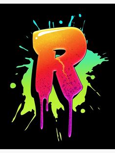 the letter r is painted in bright colors and dripping paint on a black background with multicolored spots