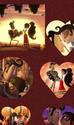 several heart shaped pictures with cartoon characters in the middle one has an image of a man and woman