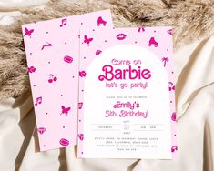 two pink and white baby shower cards on top of a furnishing blanket with the words come on, barbie let's go party