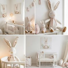 four different pictures of a baby's room with stuffed animals and cribs