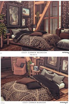 two pictures of the same bed in different rooms, one with an animal print comforter and