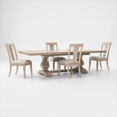 a wooden table with chairs around it on a white background in front of a wall