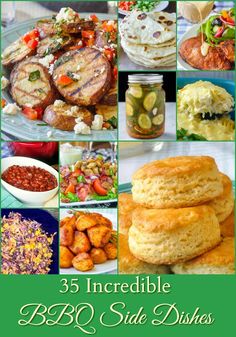 the cover of 35 incredible bbq side dishes with images of different foods and vegetables