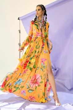 Shop for Limerick by Abirr N' Nanki Orange Crepe Floral Print Wrap Dress for Women Online at Aza Fashions Printed Maxi Dress Indian, Burnt Orange Dress, Mini Dress Fashion, Embroidered Maxi Dress, Dress Orange, Printed Wrap Dresses, Indian Fashion Designers, Neck Wrap, Floral Motifs