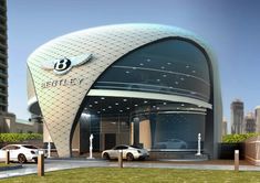 an artist's rendering of a luxury car dealership in the middle of a city