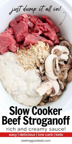 beef and creamy sauce in a bowl with text overlay that reads slow cooker beef stroganooffi