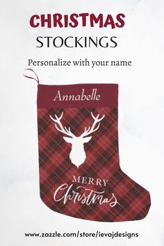 a christmas stocking with the words personalize with your name and reindeer head on it