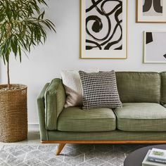 a living room with green couches and pictures on the wall above them, along with a coffee table