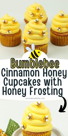 some cupcakes with honey frosting on them and the words bumblebee cinnamon honey cupcakes with honey frosting