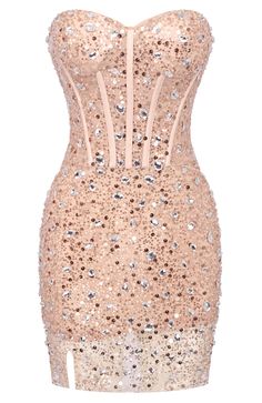 Strapless Corset Sequin Crystal Dress Nude Pink DESIGN: Color: Nude pink Strapless design Sleeveless Bustier detail Sequined Structured design Embellished with rhinestones Concealed zipper at back Gentle Dry Clean Only Length: Mini MATERIAL: Polyester + Cotton High quality durable fabric. Delicate sewing and hemming by durable needle lockstitch machine. YKK zipper (known as the most durable and reliable zippers manufactured today). To maintain the beauty of your garment, please follow the care instructions on the attached label. Color may vary due to lighting on images. The product images (without model) are closest to the true color of the item.     * Order one size up for a relaxed fit. * Pay special attention on measurements to ensure proper fit. * If you are between two Corset Dress Mini, Fall Going Out Outfits, Nude Pink Dress, Easy Fall Outfits, September Outfits, Dresses Corset, Corset Dresses, Dresses Hoco, Long Sleeve Bandage Dress