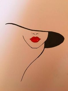 a drawing of a woman's face with red lips and a hat on her head