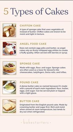 the five types of cakes are shown in this info sheet, with instructions to make them