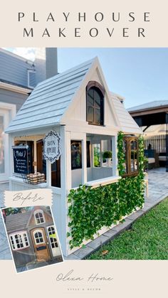 a small house made out of wood with ivy growing up the side and windows on it