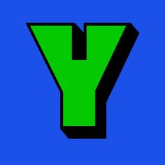 the letter y is made up of black and green letters on a bright blue background