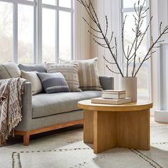 a living room with a couch, table and window sill in front of it