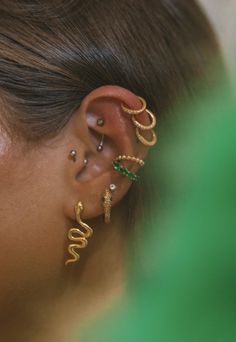 a close up of a person with ear piercings on their ears and behind the ear