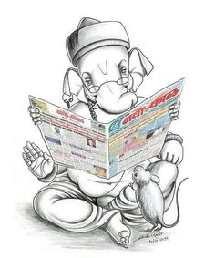 a drawing of an elephant reading a newspaper with a mouse sitting on the floor next to it