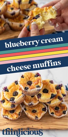 blueberry cream cheese muffins on a cutting board with text overlay that reads, blueberry cream cheese muffins