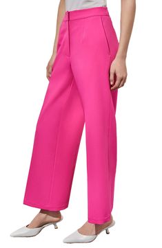 Staple pants in a classic wide-leg silhouette are crafted from a seasonless blend that stays neat and polished from desk to dinner. 29" inseam (size XS) Zip fly with hook-and-bar closure; back elastic waist Front slant pockets 78% polyester, 18% rayon, 4% spandex Hand wash, dry flat Imported Pink Straight Pants With Welt Pockets, Pink Straight Leg Office Pants, Pink Straight Dress Pants For Office, Classic Pink Pants For Spring, Pink Ankle-length Office Pants, Pink Straight Pants For Office, Pink High-waisted Evening Pants, Elegant Pink Straight Leg Dress Pants, Evening High-waisted Pink Pants