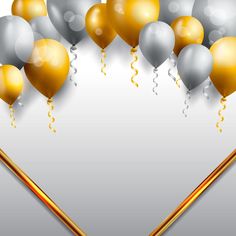 golden and silver balloons on a white background with gold ribbon in the corner, illustration