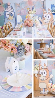 a collage of photos with flowers, plates and napkins on the dining room table