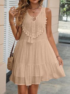 Women's Sleeveless Fringe Hem Simple Dress, Suitable For Traveling Khaki Boho  Sleeveless Woven Fabric Plain Tank,Smock Non-Stretch  Women Clothing, size features are:Bust: ,Length: ,Sleeve Length: Smock Pattern, Style Bleu, Khaki Style, Khaki Fashion, Dress For Summer, Lace Splicing, Simple Dress, Blue Style, Inspiration Mode