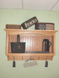 a wooden shelf with several items on it