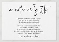 a white card with black writing on it that says, a date n'gifts