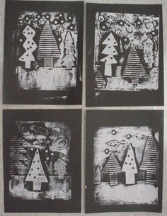 four black and white christmas cards with trees