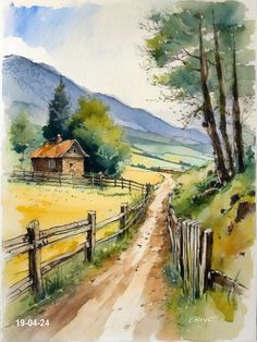 a watercolor painting of a country road leading to a house in the distance with mountains in the background