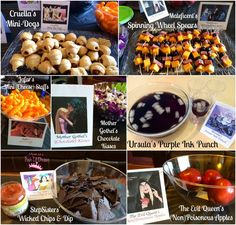 a collage of pictures showing different foods and desserts on display at a party