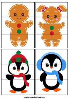 four different cut outs with penguins and gingerbreads on the top, one penguin wearing a