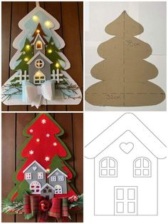 paper christmas tree cut out and glued to the side of a house with lights on it