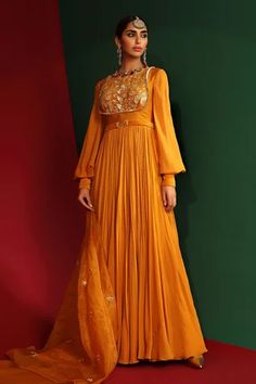 Shop for Mahima Mahajan Yellow Georgette Soha Yoke Embroidered Anarkali With Dupatta for Women Online at Aza Fashions Yellow Georgette Anarkali, Mahima Mahajan, Lehenga Style Saree, Indian Bridesmaid Dresses, Georgette Anarkali, Embroidered Anarkali, Marigold Yellow, Embroidered Organza, Organza Dupatta