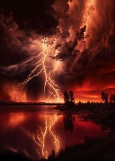 a lightning storm is seen over a lake at night with red and black clouds in the background